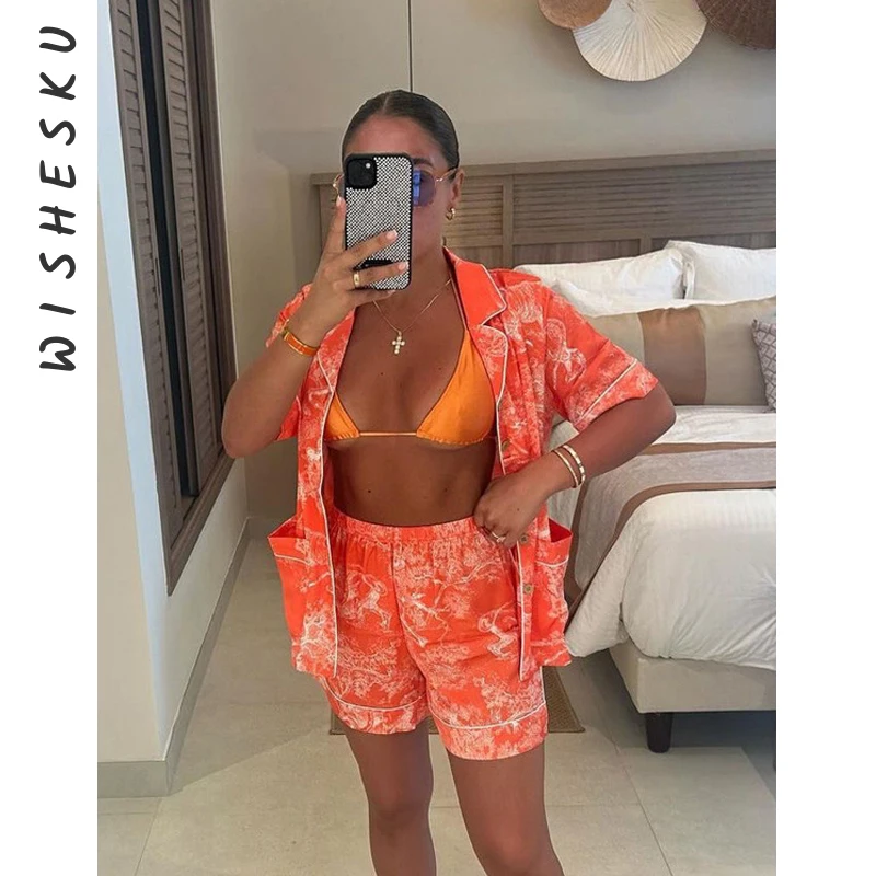 Fashion Loose Print 2 Piece Set Women Outfit 2024 Summer Beach Short Sleeve Shirt With High Waist Shorts Set Female Streetwear