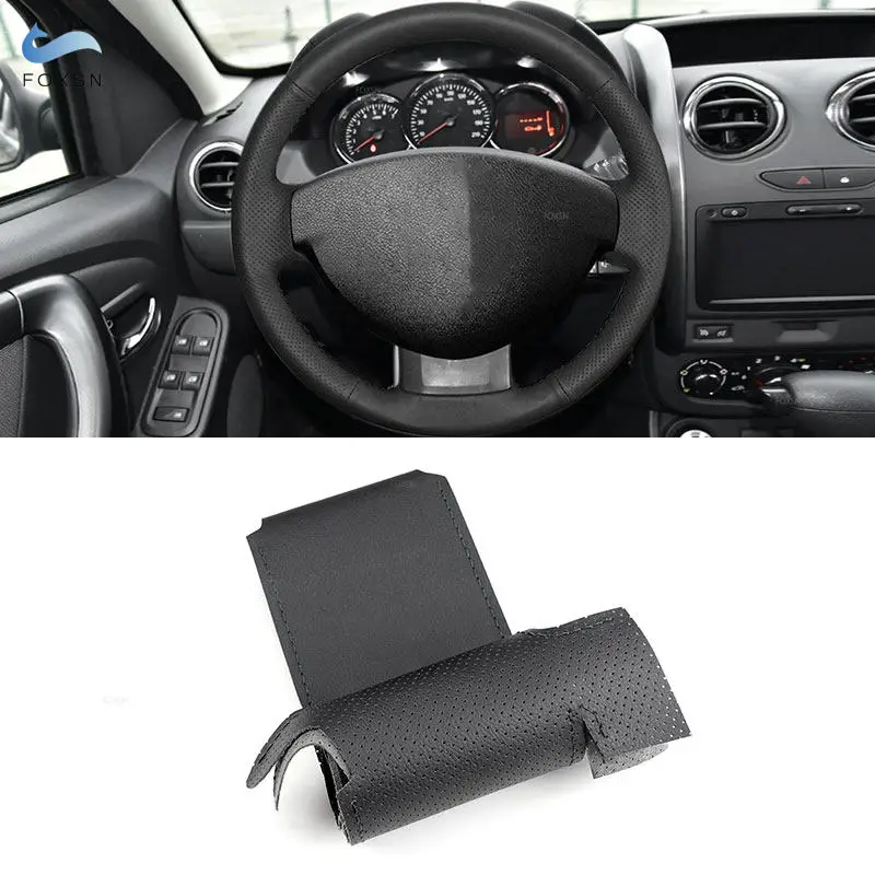 Car Steering Wheel Cover For Dacia Renault Duster 2010-2016 Dokker Lodgy Logan Sandero 2013-2017 Black Perforated Leather Trim