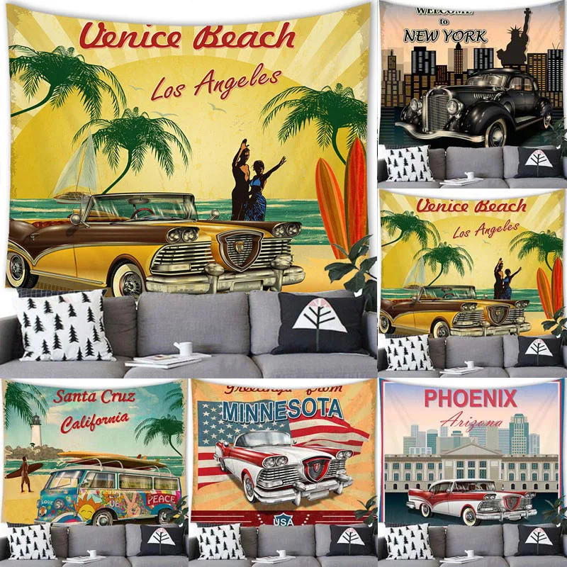 Мультяшный Ретро гобелен для автомобиля, настенный Ретро Декор для автомобиля, гобелен вечерние, украшение для дома, фон, ретро автомобиль, Настенный декор