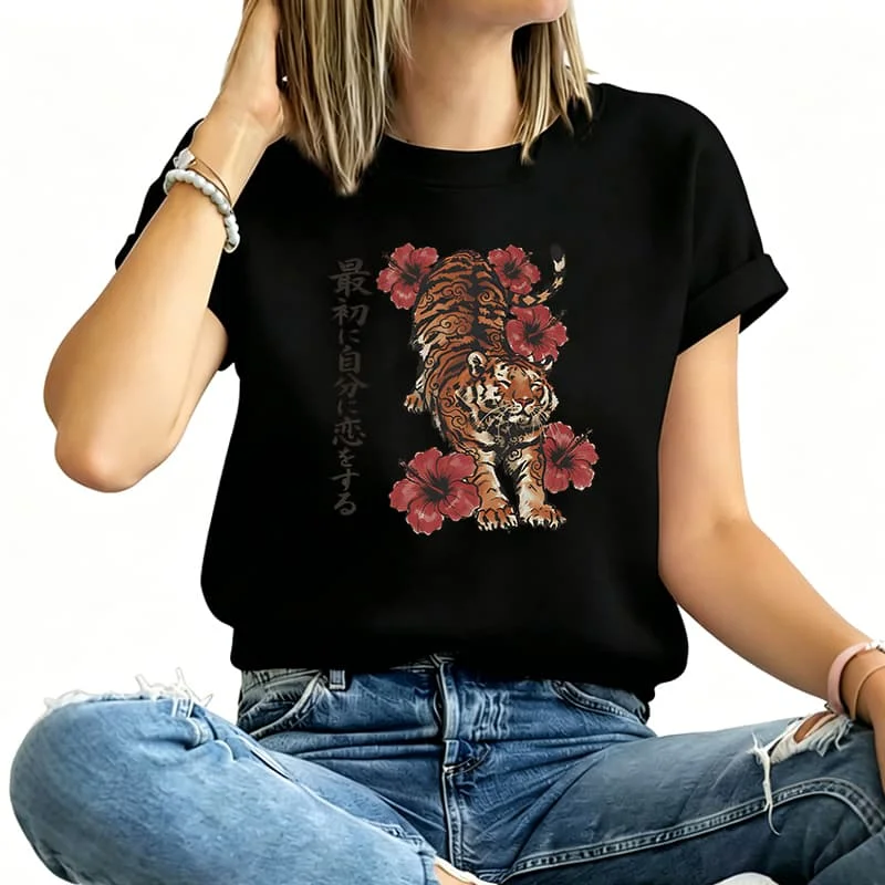 Retro Japanese Floral and Tiger Print Women's T-Shirt 100% Cotton Funny Graphic Short Sleeve Tee Novelty Shirt Casual Crew Neck Top S-5Xl