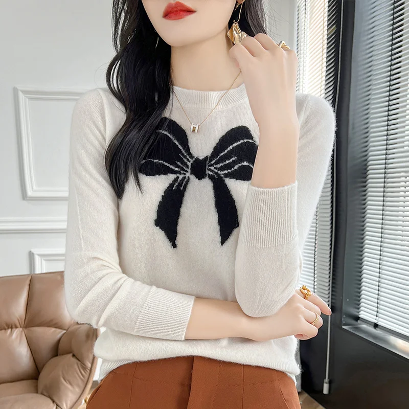 100% Merino Wool Cashmere Sweater Women Knit Pullover O-neck Embroidery Long Sleeve 2024 Autumn/Winter Korean Clothing Warm Tops