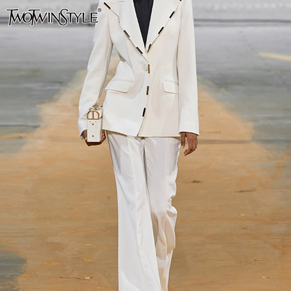 

TWOTWINSTYLE Solid Slimming Two Piece Sets for Women Lapel Long Sleeves Patchwork Bead Balzer High Wiast Pant Female Clothing