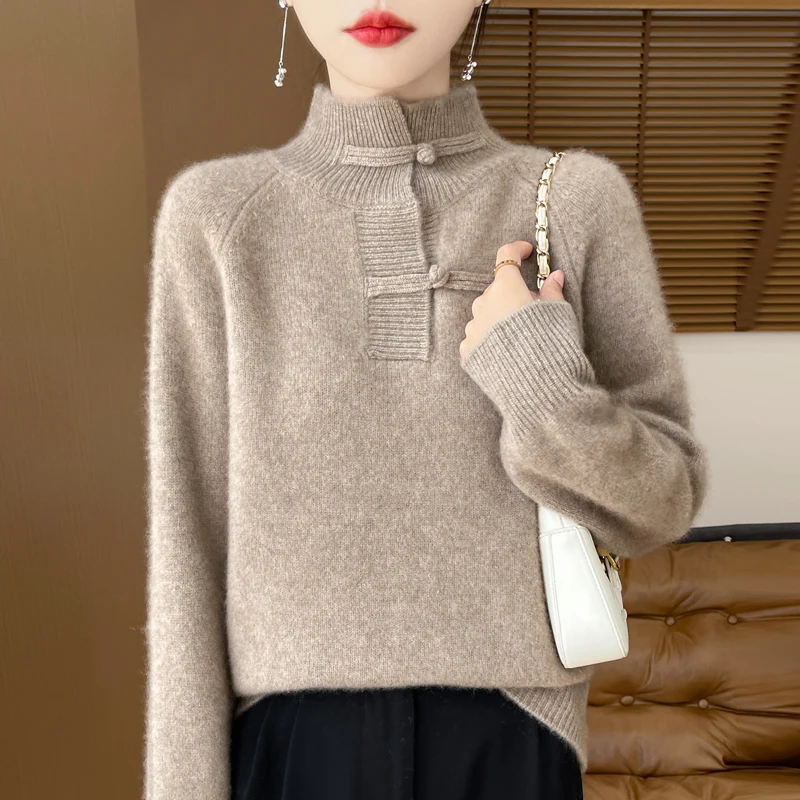 

2024 Winter Women Chinese Style Knitted Button Wool Turtleneck Sweater Fashion Loose Knit Solid Color Top Keep Warm Pullover