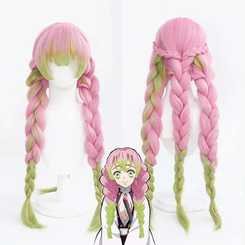 Adults Kids Demon Slayer Kimetsu No Yaiba Cosplay Uniform Kanroji Mitsuri Long Pink Green Hair Clogs Halloween Costumes Wigs