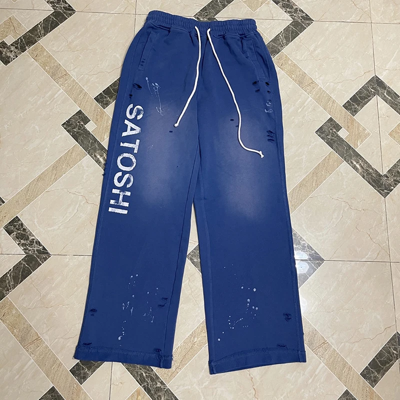 Fall Winter Men's Loose Satoshi Nakamoto Baggy Sweatpants Distressed Street Fit Elastic Waist Y2K Style Wide Leg Joggers Pants