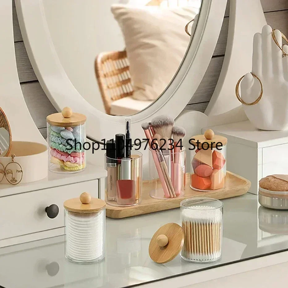 Portaoggetti per organizer, vasetti per farmaci, con coperchio, per rotondi di cotone, acrilico, caramelle cosmetiche, snack, scatola portaoggetti da tavolo