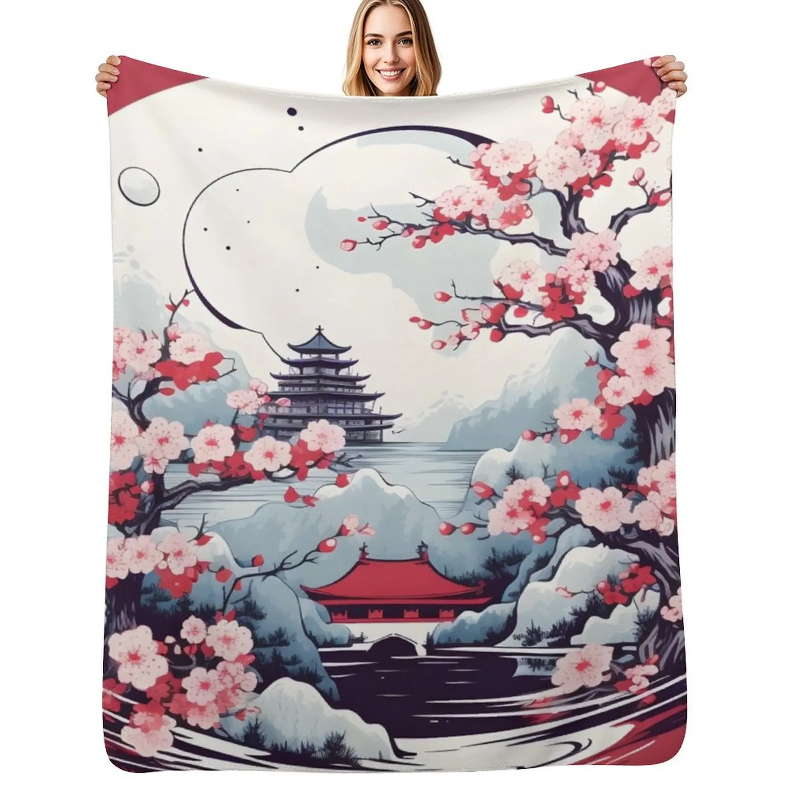 Elegancia Japonesa: Manta Decorativa con Diseño de Torre y Flores, Suave y Cálida, Sin Bolitas, para Cama