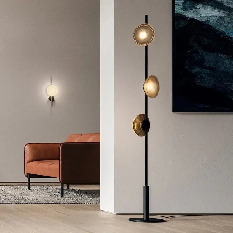 Medieval floor lamp, Nordic retro black creative bedroom model room three-head vertical glass lamp