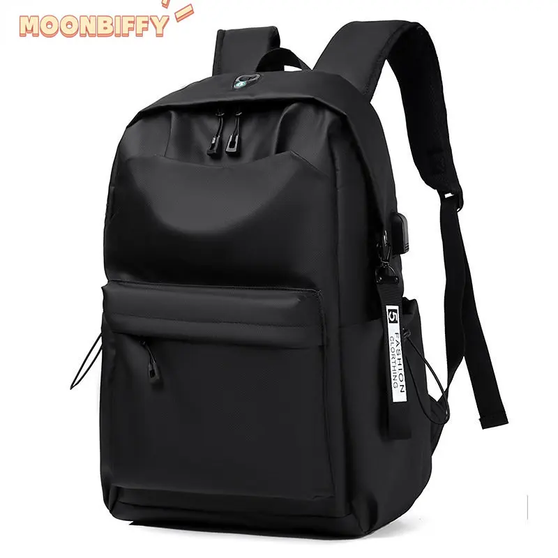 Business Travel Backpack Man Solid Color Nylon Lightweight Water Proof 14 Inch Laptop Backbag USB Teens School Back Pack Black