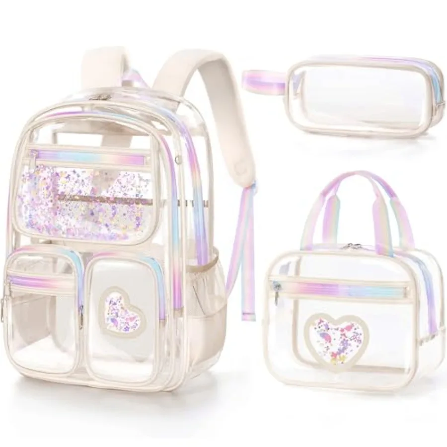 

Clear Backpack for Girls, 3PCS Heavy Duty PVC Transparent Backpack for Teen Girls, School, Concert, Stadium Events Approved See