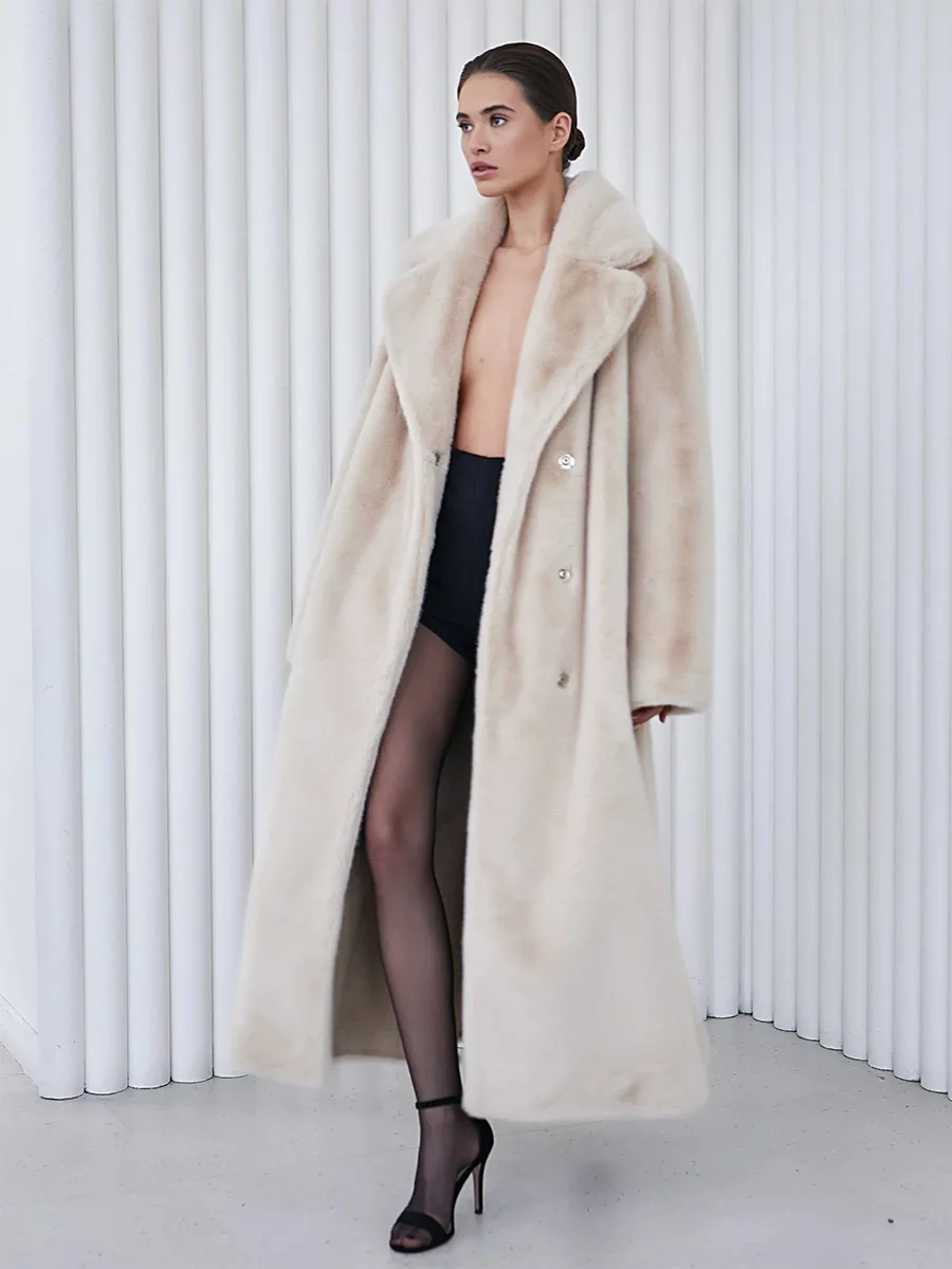 Wolfeel Neue Herbst Winter frauen Elegante Lange Pelzigen Mantel Kerb Revers Krawatte Taille Design Warme Faux Pelz Oberbekleidung