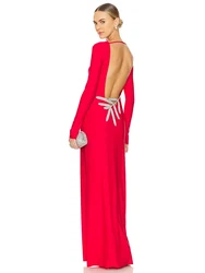 Sexy O Neck Backless Luxury Diamonds Appliques Long Dress Women Red Long Sleeve Slim Maxi Dresses Elegant Evening Party Gowns