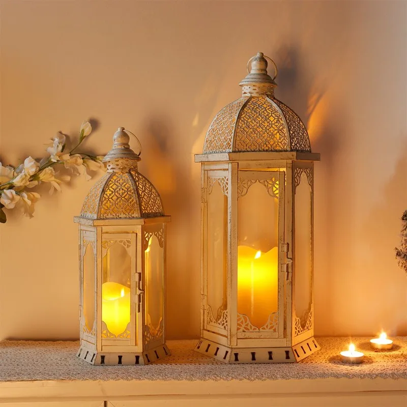 Moroccan wind lantern hollow candlestick romantic wedding ornament, furniture wedding road guide pastoral horse lamp white