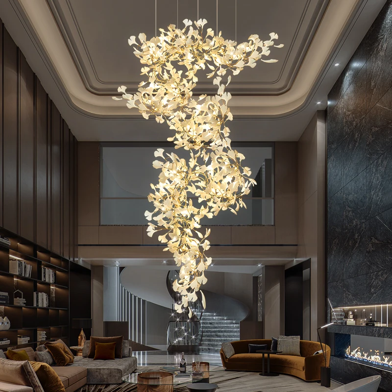 Nordic Ginkgo Leaf Hanging Chandelier Light For Staircase Loft Living Room Hotel Lobby Modern Luxury Crystal Branch Chandeliers