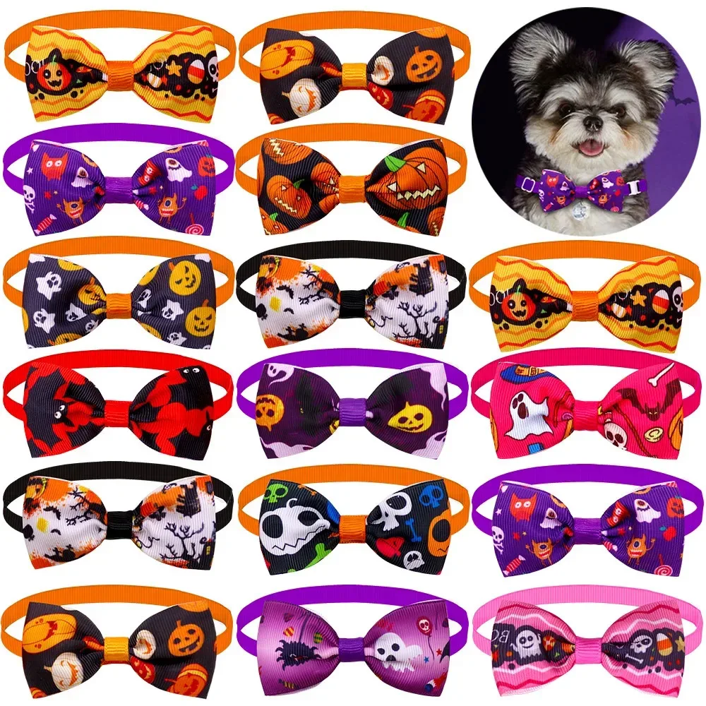 

30 PCS Halloween Dog Bow Tie Pumpkin Ghost Print Adjustable Bulk Pet Dog Bowtie Pet Necktie Collar Festival Decoration Bowknots