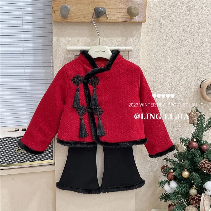 Childrens Clothing Set 2024 Winter New Item Baby Red Coat Black Silk Lace Pants Cute Two-piece Set Toddler Girl Clothes