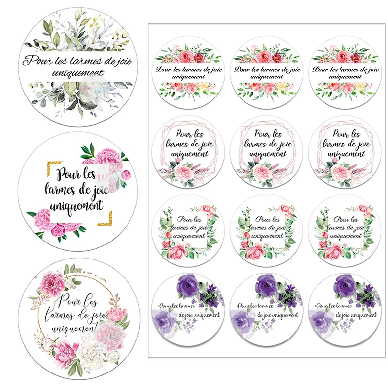 Pour Les Larmes De Joie Uniquement Floral Stickers Labels Round Self-adhesive Label Wedding Engagement Decor