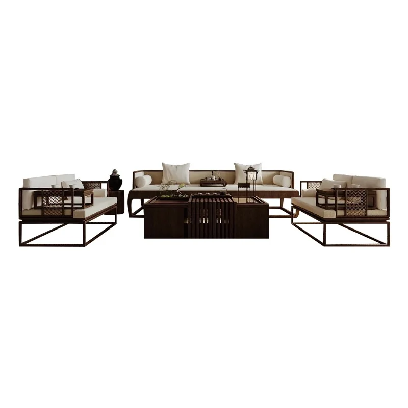 

Medieval style sofa combination model room, villa living room ash wood black walnut sofa dining table and chairs