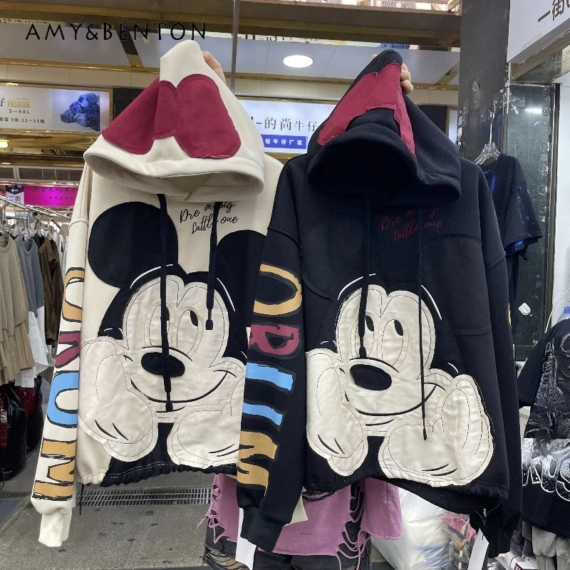 

2025 Winter New Y2k Loose Short Lace Long-sleeves Oversized Hoodies Heavy Industry Retro Cartoon Hooded Fleece Sweatshirt Jacket