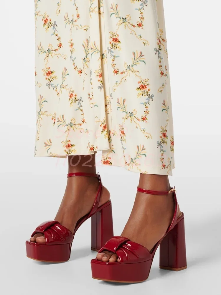 

Wine Red Butterfly-knot Platform Sandals SquSquare Square Open Toe Buckle Ankle Strap Pumps 2024 Women Elegant Shows Dress Shoes