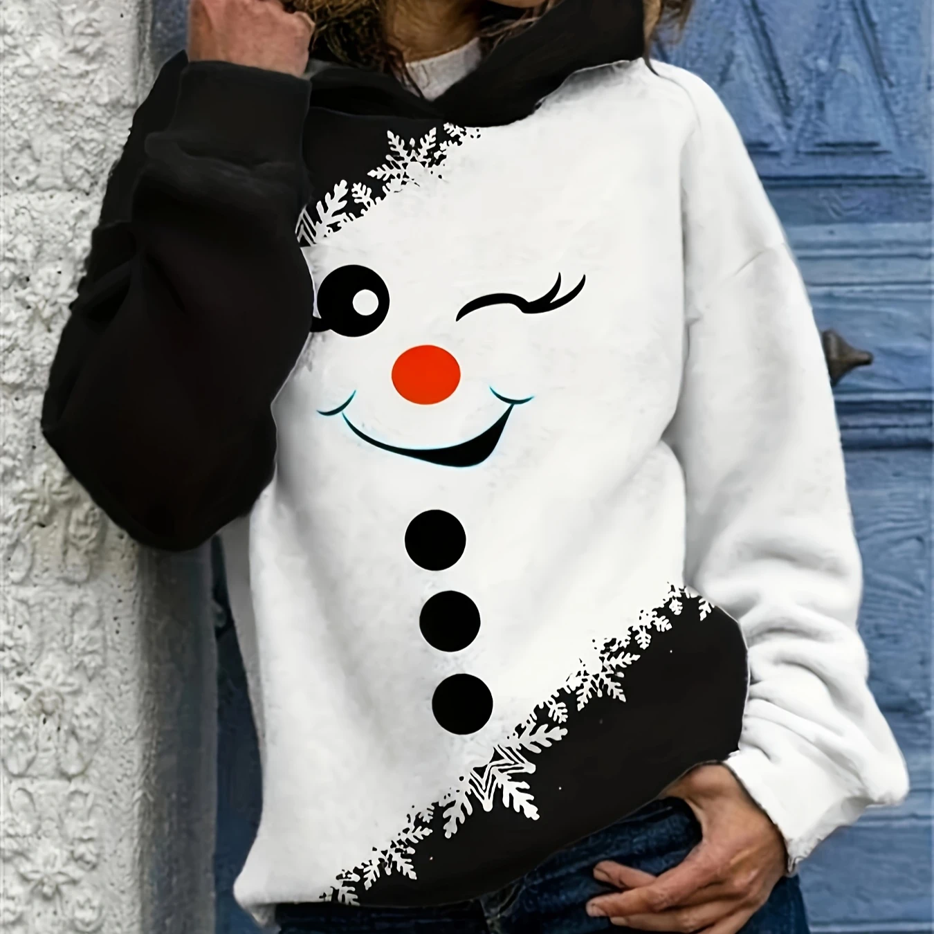 

Women's Plus Size Christmas Snowman Hoodie Knitted Pullover with Contrasting Snowflake Pattern All-Season Stylish Sweatshirt