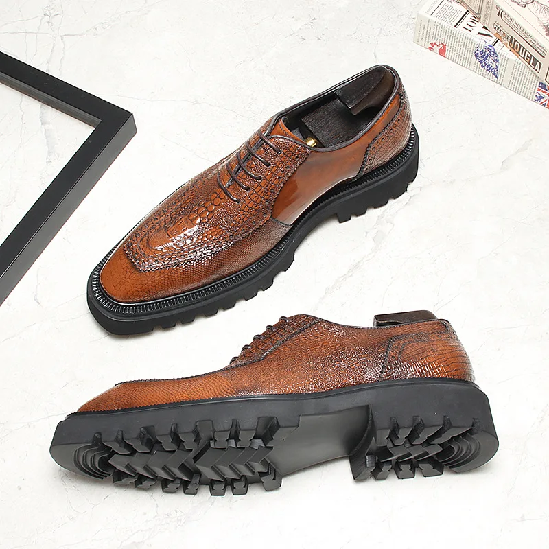 Genuine Full Grain Leather Crocodile Pattern Business Formal Shoes British Style Trendy Versatile Wedding Shoes Leather Glossy