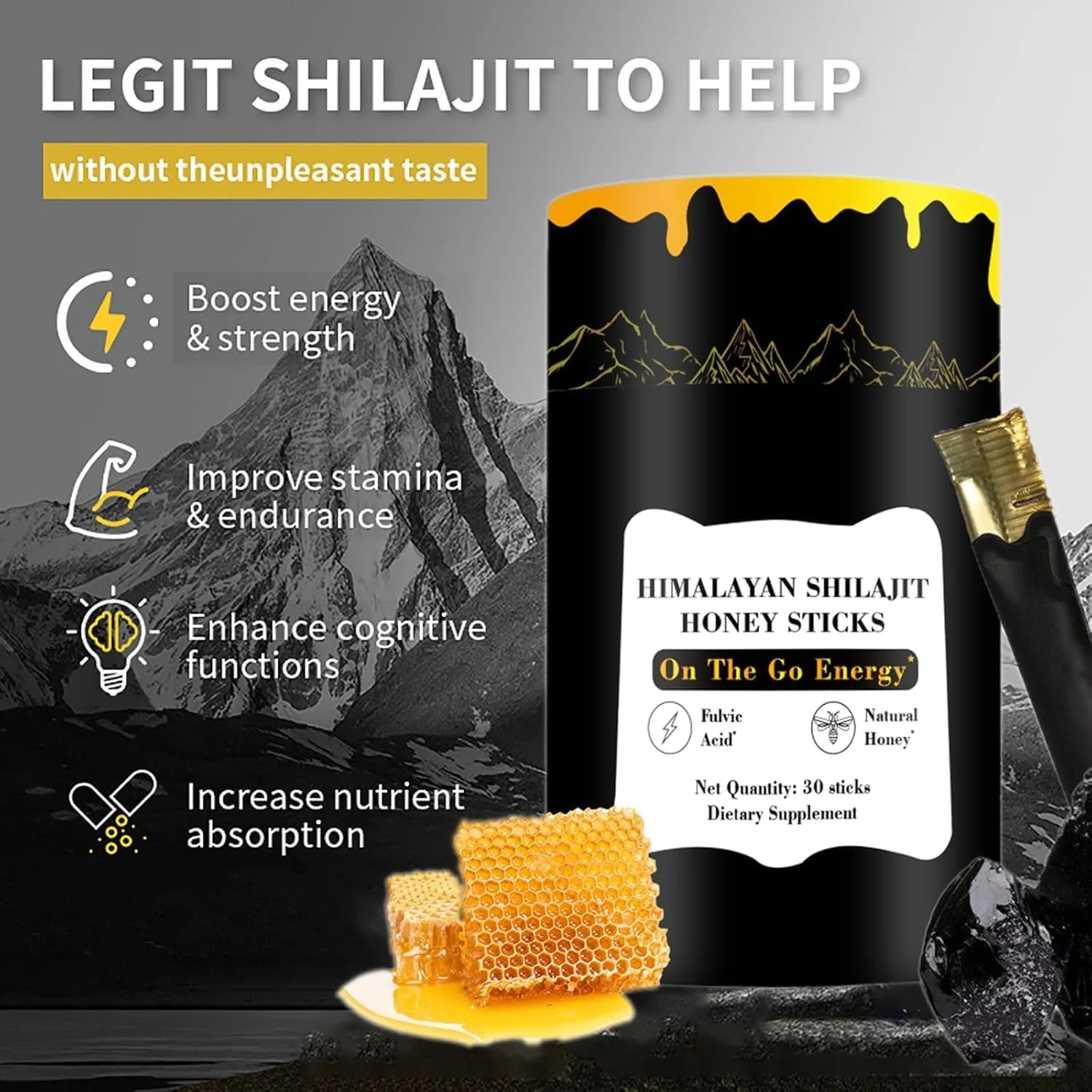 أعواد عسل Shilajit - مكمل الهيمالايا مع العسل العضوي - 30 عصا - الطاقة الطبيعية والقدرة على التحمل البدني والواضح العقلية - مضادات الأكسدة - دعم المناعة - مثالية للرياضة والنشطة - للرجال والنساء