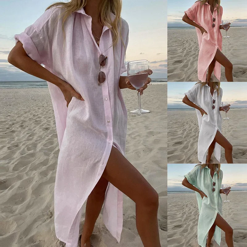 Wepbel Linen Shirt Dress Summer Single Breasted Solid Color Casual Dress Women Loose Long Sleeves Mid-Length Cardigan Dress