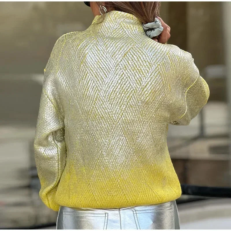 Sparkling Metal Gradient Knitted Sweater For Women Fashion High Collar Long Sleeves Pullover Tops Elegant Female Warm Streetwear