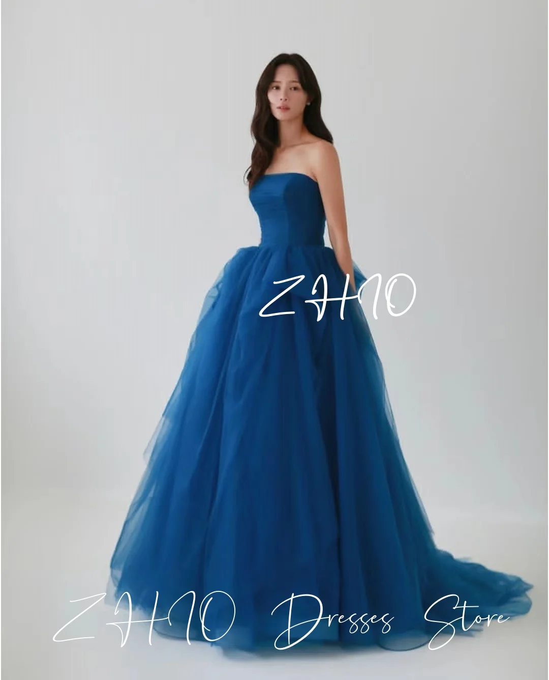 Zhi princesa azul vestido de casamento xale destacável sem alças multi-camadas tule trem coreia sessão de fotos vestido de noiva personalizado