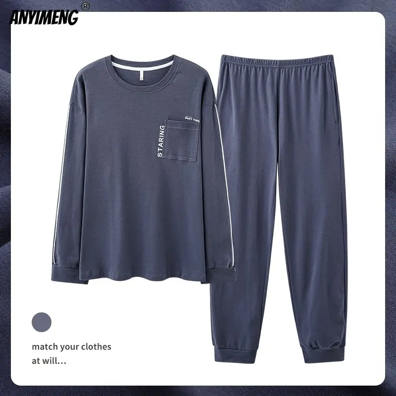 Conjunto de Pijamas azul marino para hombre L-4XL Otoño Invierno ropa de dormir informal de algodón suave para niño moda estilo minimalista Pijamas