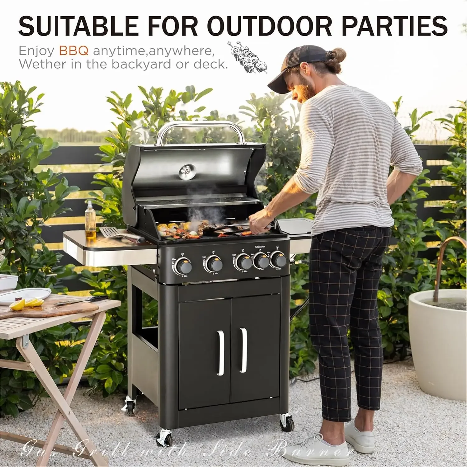 4 Burner Propane Gas BBQ Grill with Side Burner 46,700BTU | Barbecue Grills for Backyard Outdoor Cooking, Patio Family Party