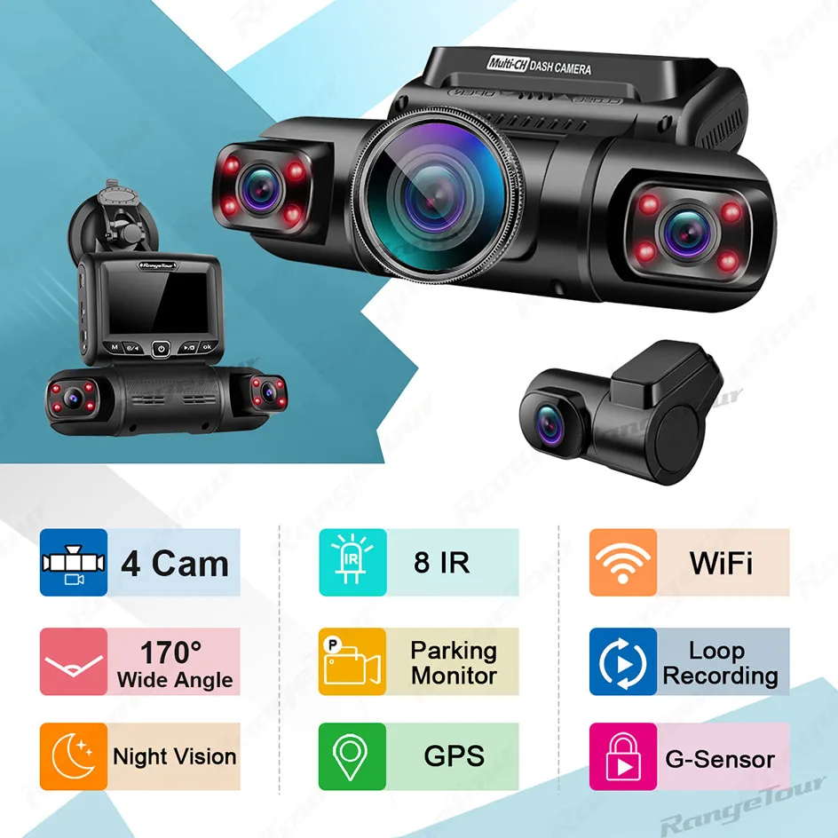 4 Channel 1080P+1080P+1080P+1080P WiFi GPS Car DVR Dual Lens 8 Infrared Light Night Vision 3 Lens 170 Degree Dash Cam Car Camera