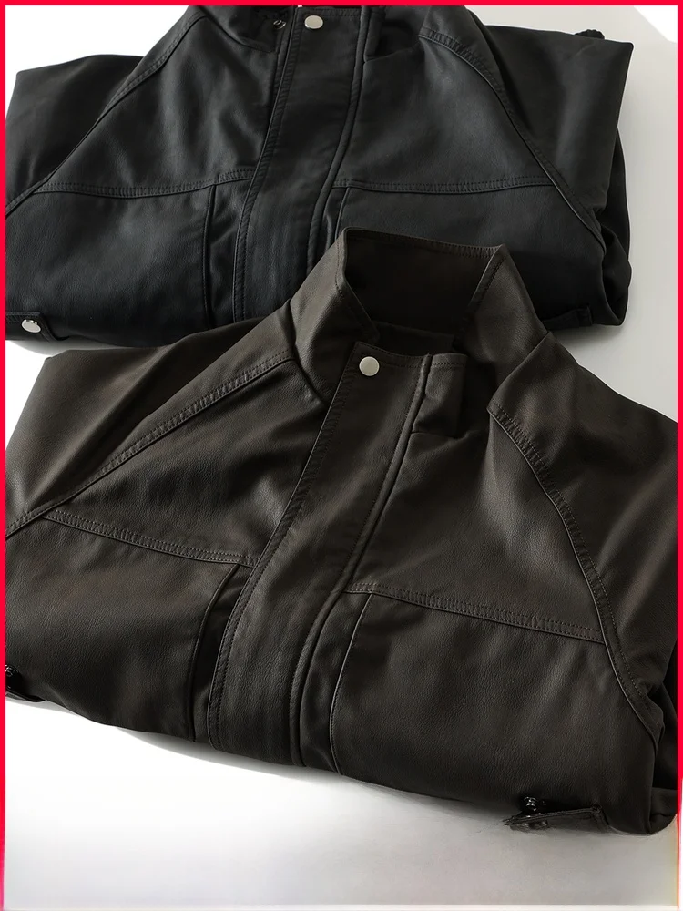 

Warm Fce Lined Windproof PU Jaet for Men Casual Loose Fit Stand Collar Leather Sle Winter Outerwear Youth Active Sle