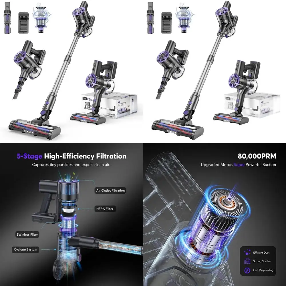 Powerful 4-in-1 Cordless Vacuum: 80,000PRM, 2600mAh Battery, 40 Mins Run Time, 2 Adjustable Suctions, Lightweight Stick Design i