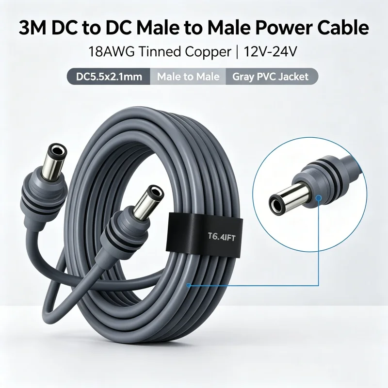 3M DC to DC Power Cable 18AWG Pure Tinned Copper 12V-24V Male to Male DC5.5*2.1mm Extension Cord for CCTV Camera LED Strip Route