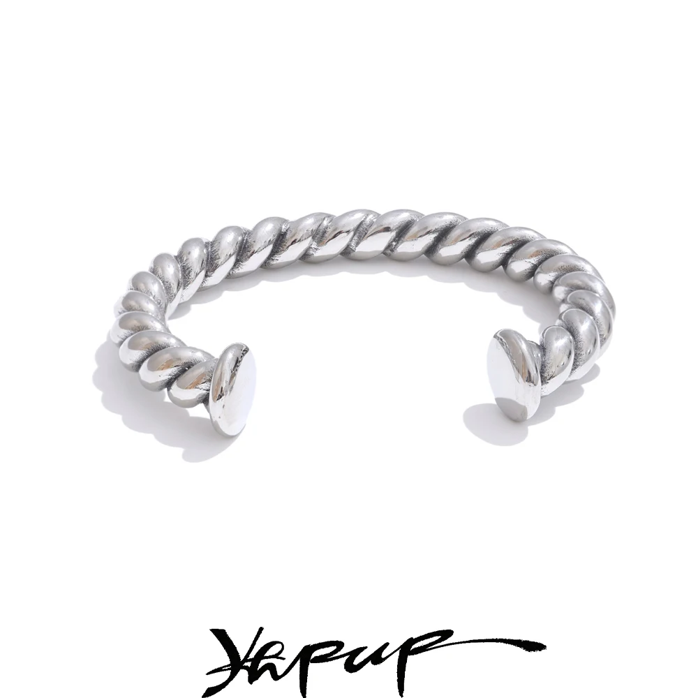 Yhpup 64mm Statement Twisted Retro Silver Color Cuff Bracelet Bangle Stainless Steel High Quality Men Jewelry Accessories Gift