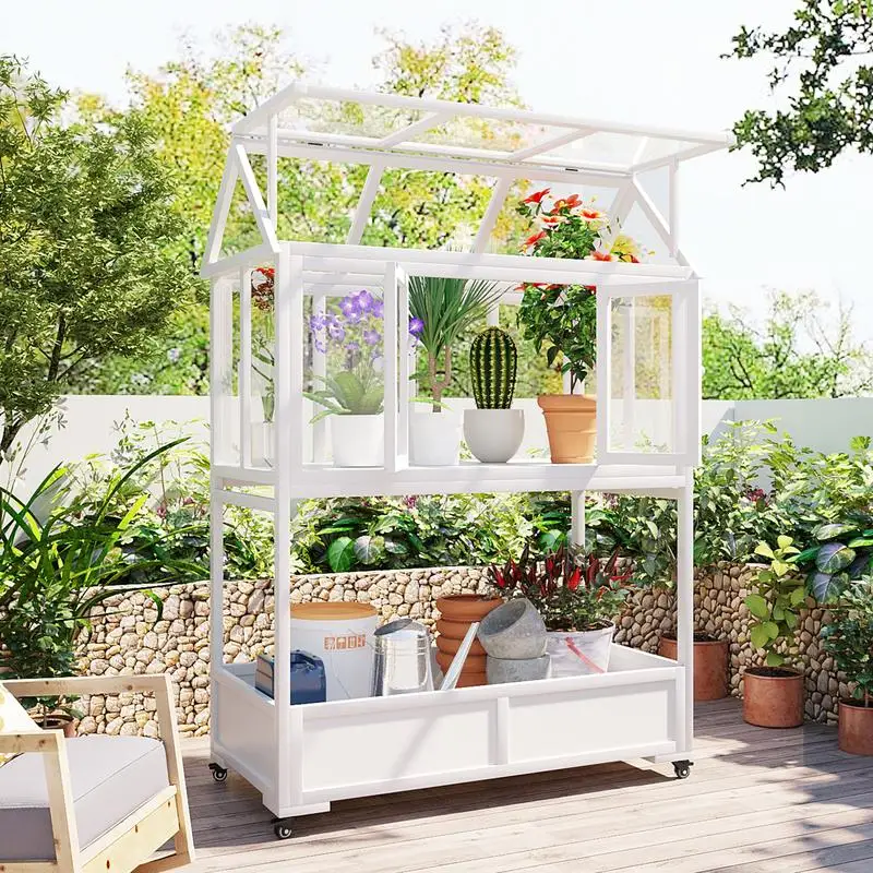 

Portable Cold Frame Mini Greenhouse with Wheels, Openable Roof, and Storage Box, White