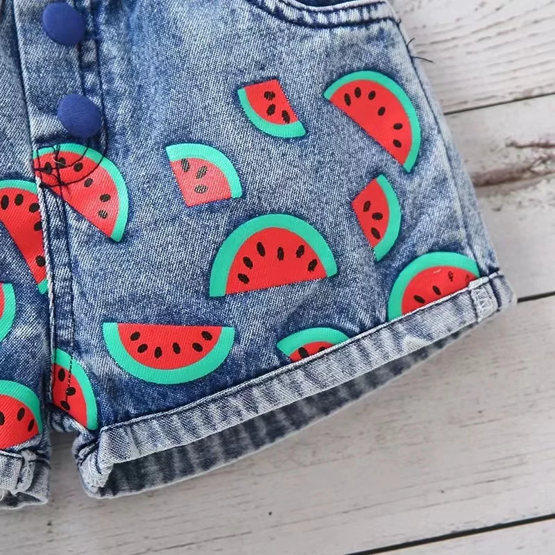 Summer Baby Girl Children Blue Denim Strap Top+Watermelon Printed Denim Shorts