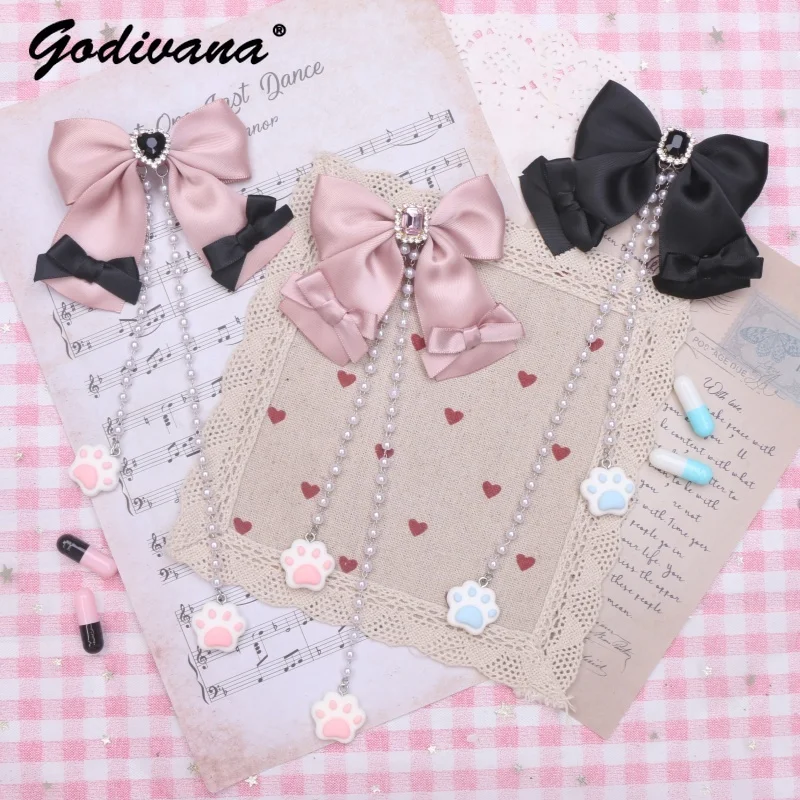 

Sweet Cool Mine Series Japanese Bow Pearl Chain Cat Paw Pendant Hair Clips Female Girls A Pair of Hairclips Side Clip Barrettes