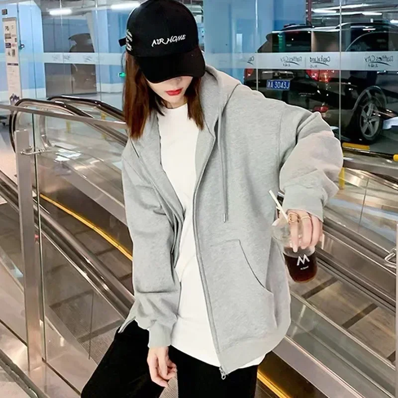 

Women Zip Up Sweatshirt Casual Oversized Hooded Korean Style Hoodies Y2K Harajuku Solid Loose Lady Jacket Baggy Retro Coats