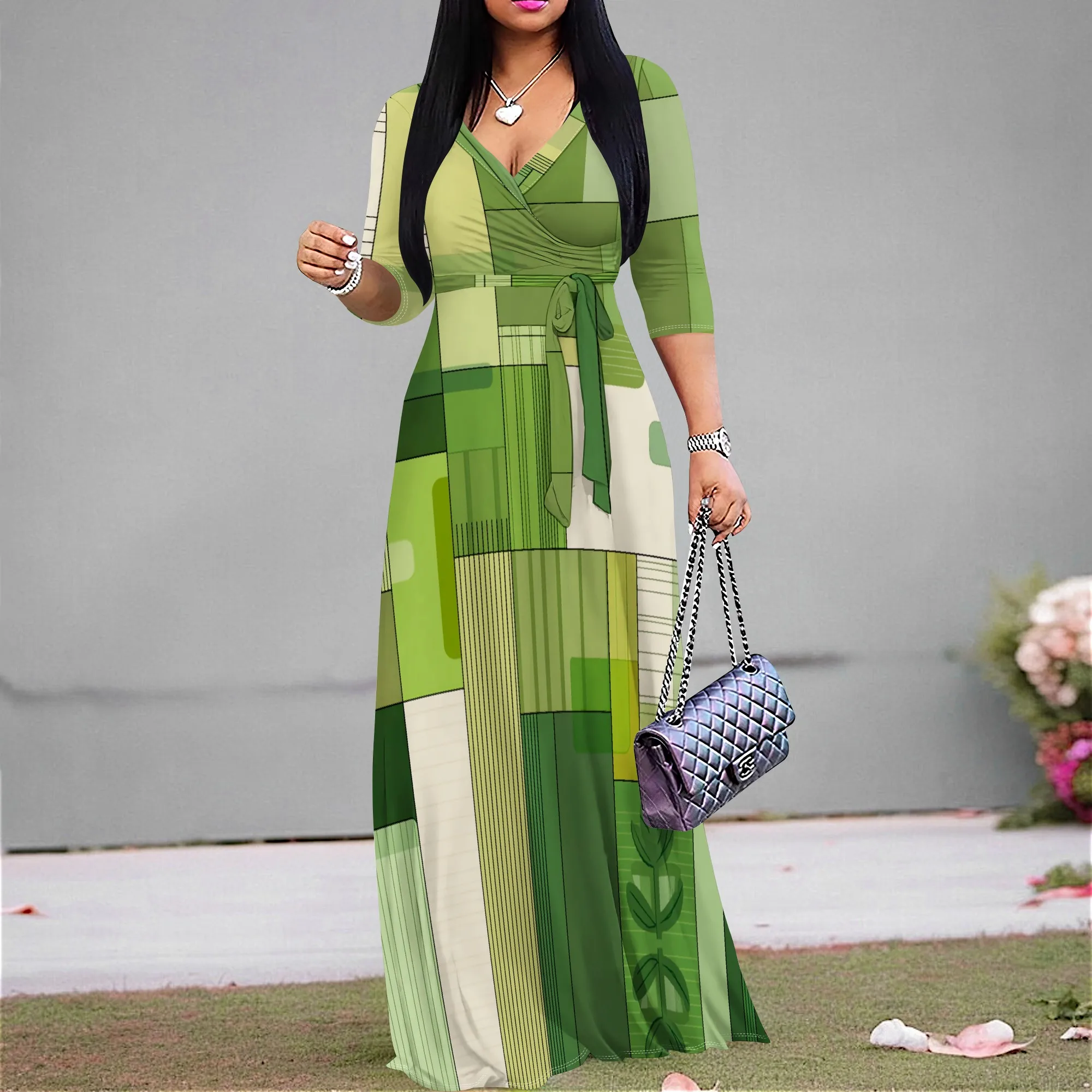 

Women's Geometric Print Maxi Dress V-Neck High Waist Long Dress 3/4 Sleeve Casual Day Wear XS-3XL