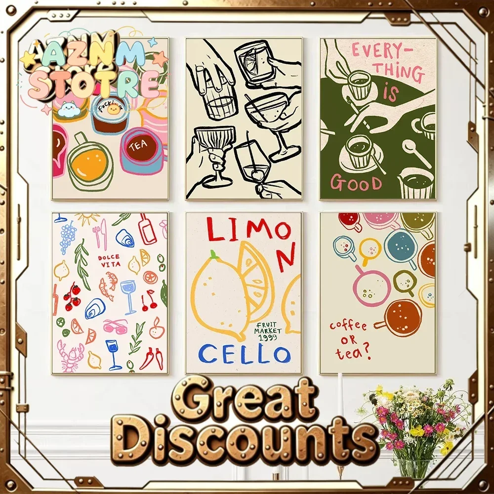 Aesthetic Retro Kitchen Limoncello Cheer Glasses Trendy Cocktail Drink Quotes Poster Canvas Painting Dining Room Home Decor