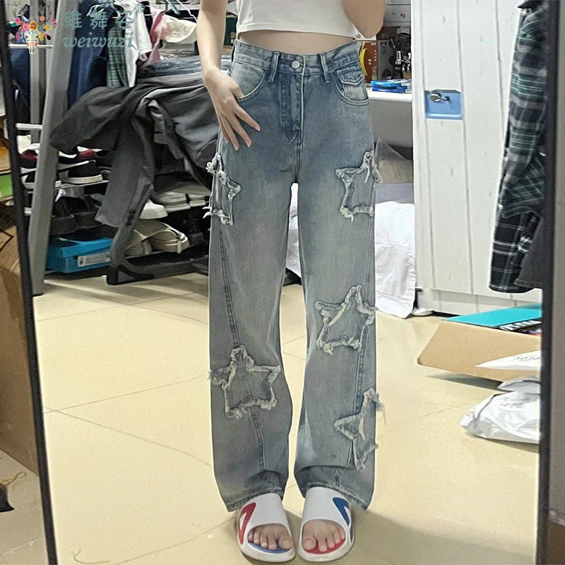 

American Streetwear Blue Stars Jeans Female All-match New Design Embroidery High Waist Pants Wide Leg Trousers Denim Long Pants