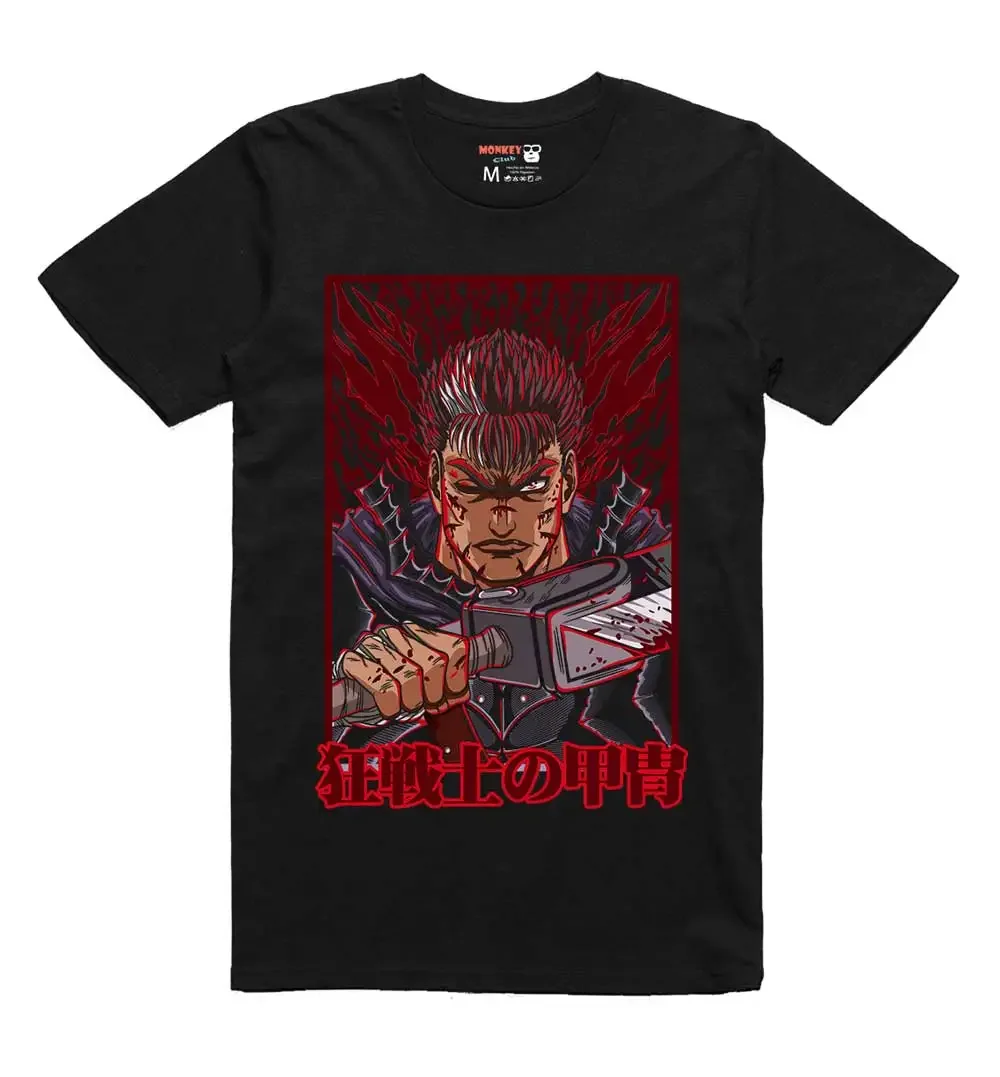 Berserk Guts Camiseta negra de espadachín – Guerrero asustado con espada Dragon Slayer y emblema de la banda de halcón