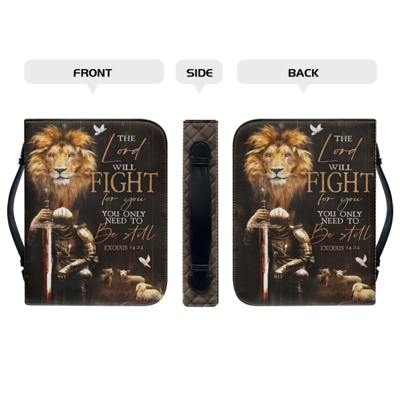 Funda con diseño de versículo inspirador de Lion Knight para hombres, bolso de mano de PU con impresión personalizada, libro de estudio, caja de almacenamiento Santa