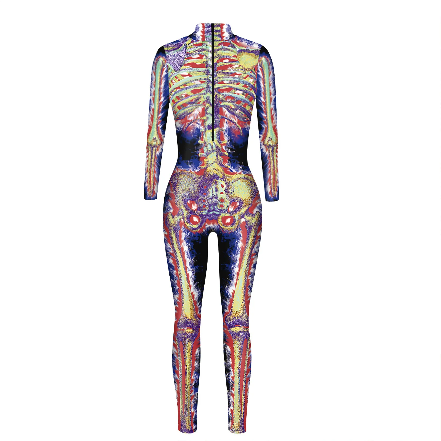Festtags-Karnevalskostüm Skelett-Bedruckte Bodysuits für Frauen Bunte Halloween-Cosplay-Jumpsuits Zentai-Catsuit – Detail 5