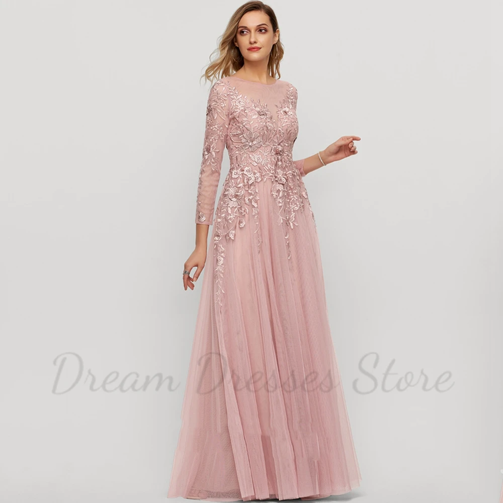 Delicate Applique Scoop Neck Prom Dress Long Sleeves A-Line Floor Length Illusion Tulle Custom Color Women Wedding Party Gowns