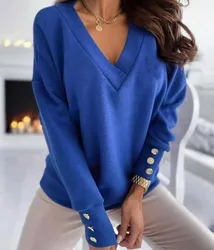 Stylish 4-Color V-Neck Long Sleeved Button T-Shirt Women's Spring Autumn Casual Pullover Top