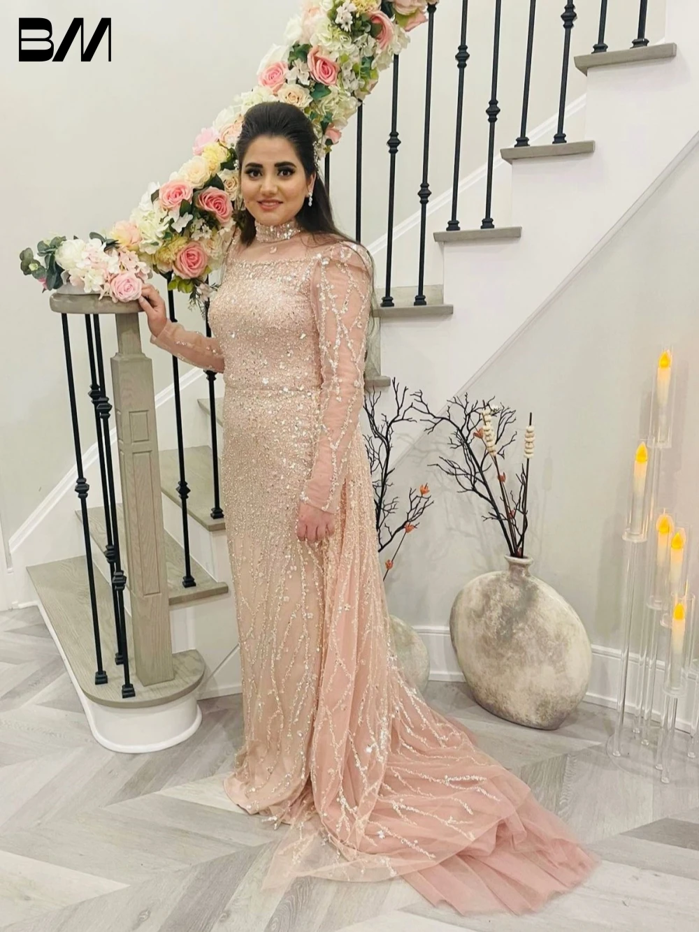 

Sparkly High Neck Evening Dresses Graceful Straight Bridal Gown Vintage Floor-length Bride Dresses Vestidos De Novia